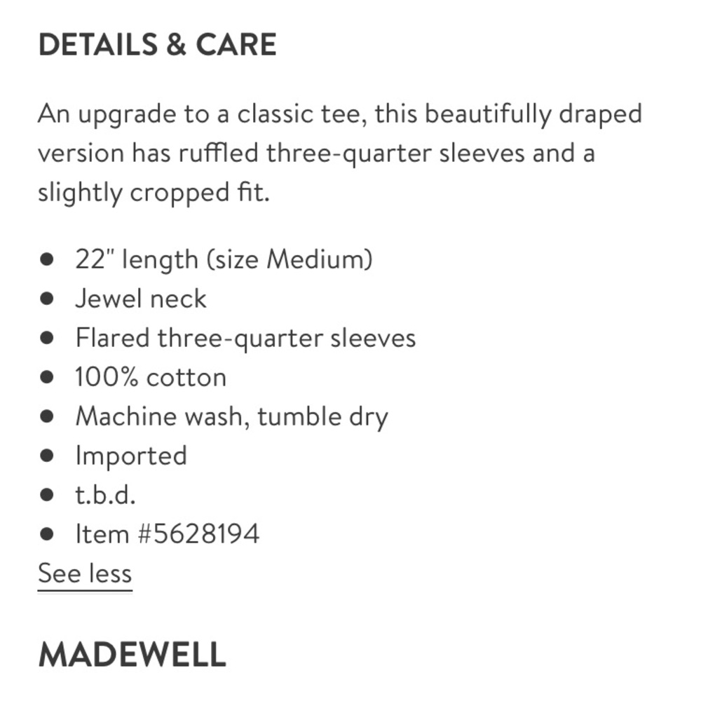 NWT Madewell flare sleeve tee in ivory. S - Picture 3 of 8
